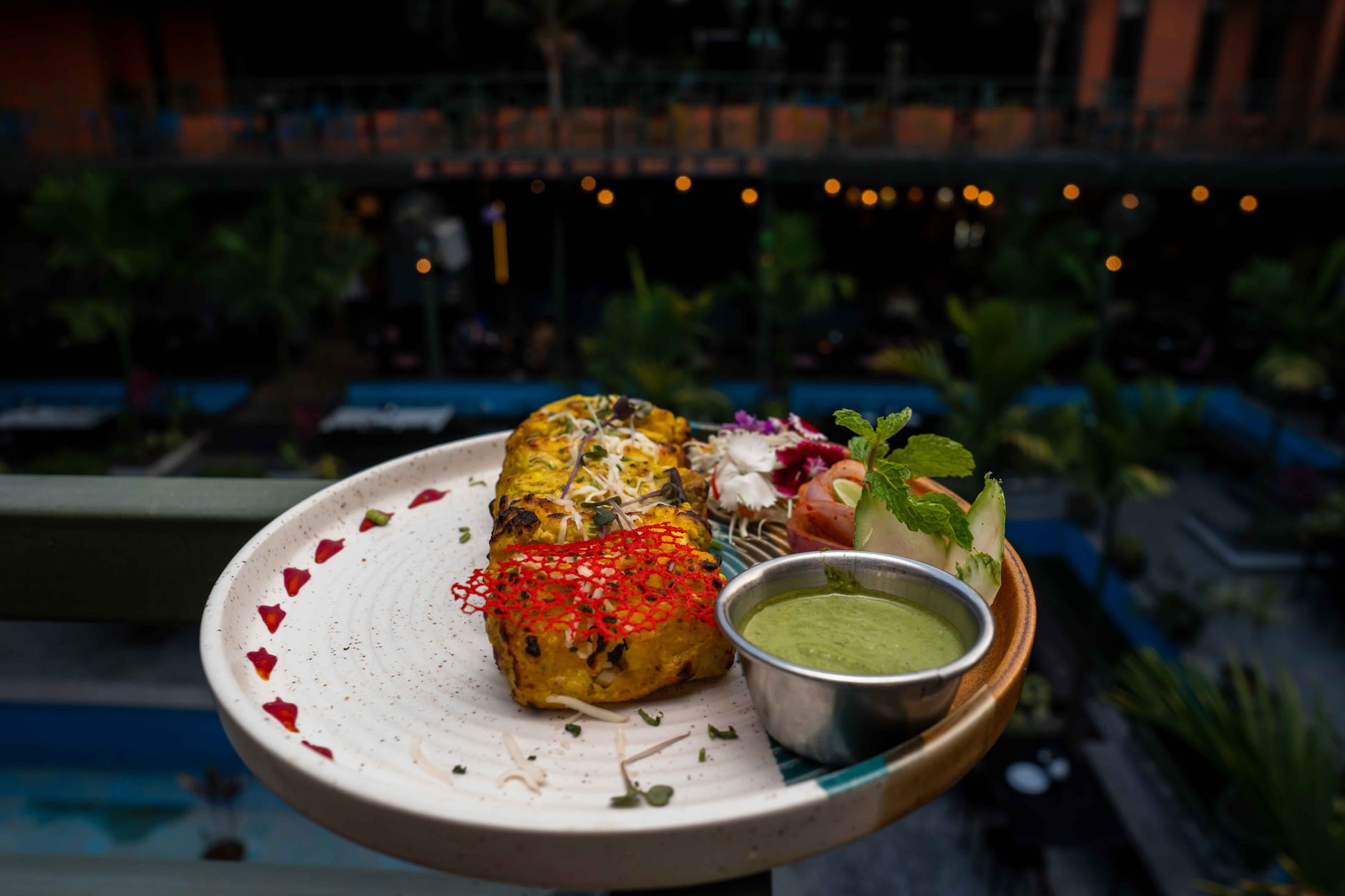 Exquisite Indian food with vibrant garnishing served on a terrace with blurred cityscape background. — Creative Serving Sugge