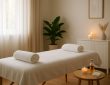 Massage table set up with towels, candles, and massage oils in a serene room.