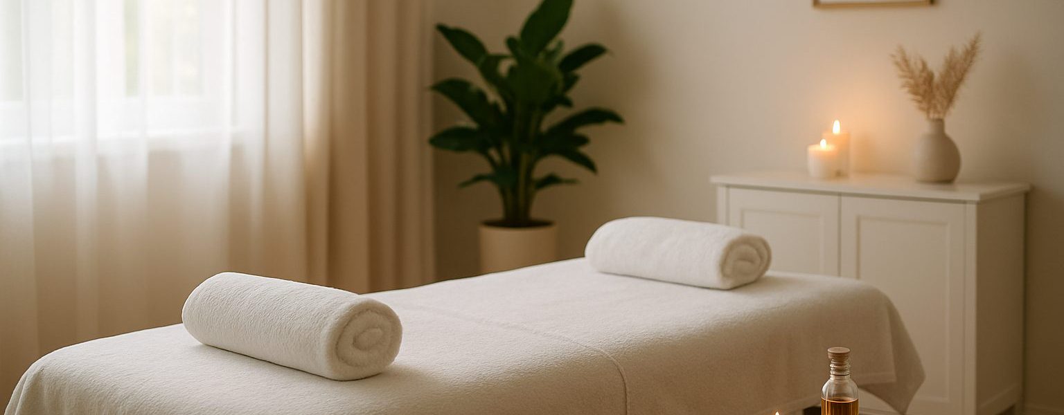 Massage table set up with towels, candles, and massage oils in a serene room.