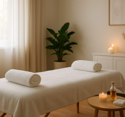 Massage table set up with towels, candles, and massage oils in a serene room.