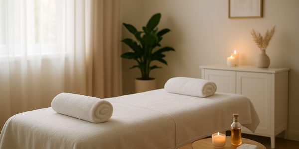 Massage table set up with towels, candles, and massage oils in a serene room.