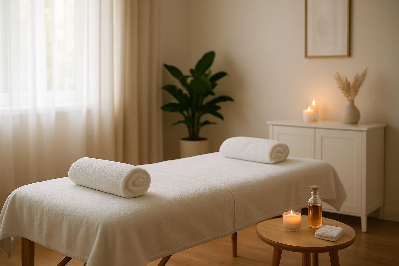 Massage table set up with towels, candles, and massage oils in a serene room.